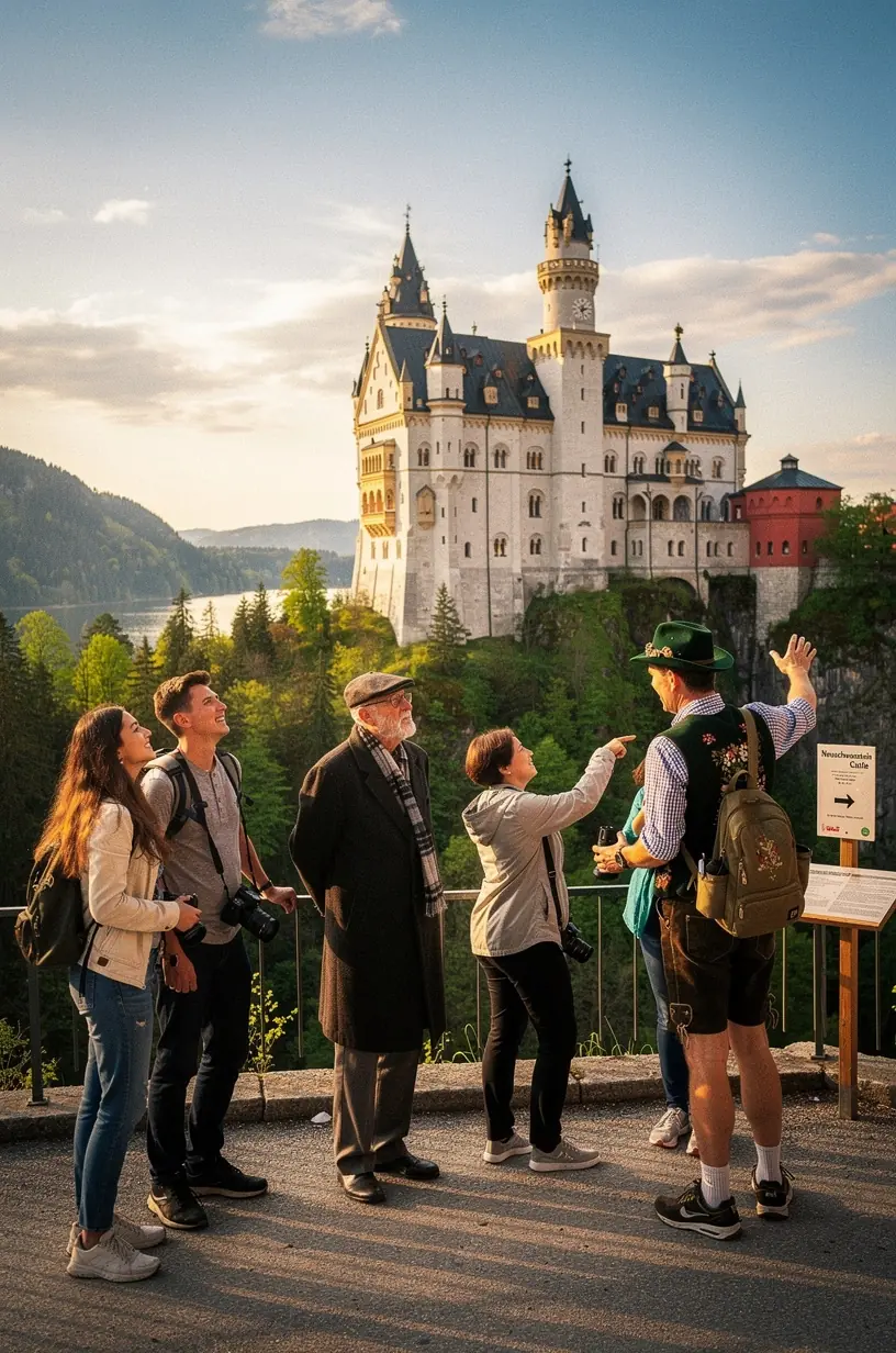 Touristen lauschen aufmerksam einem Reiseleiter vor einem alten Schlossportal